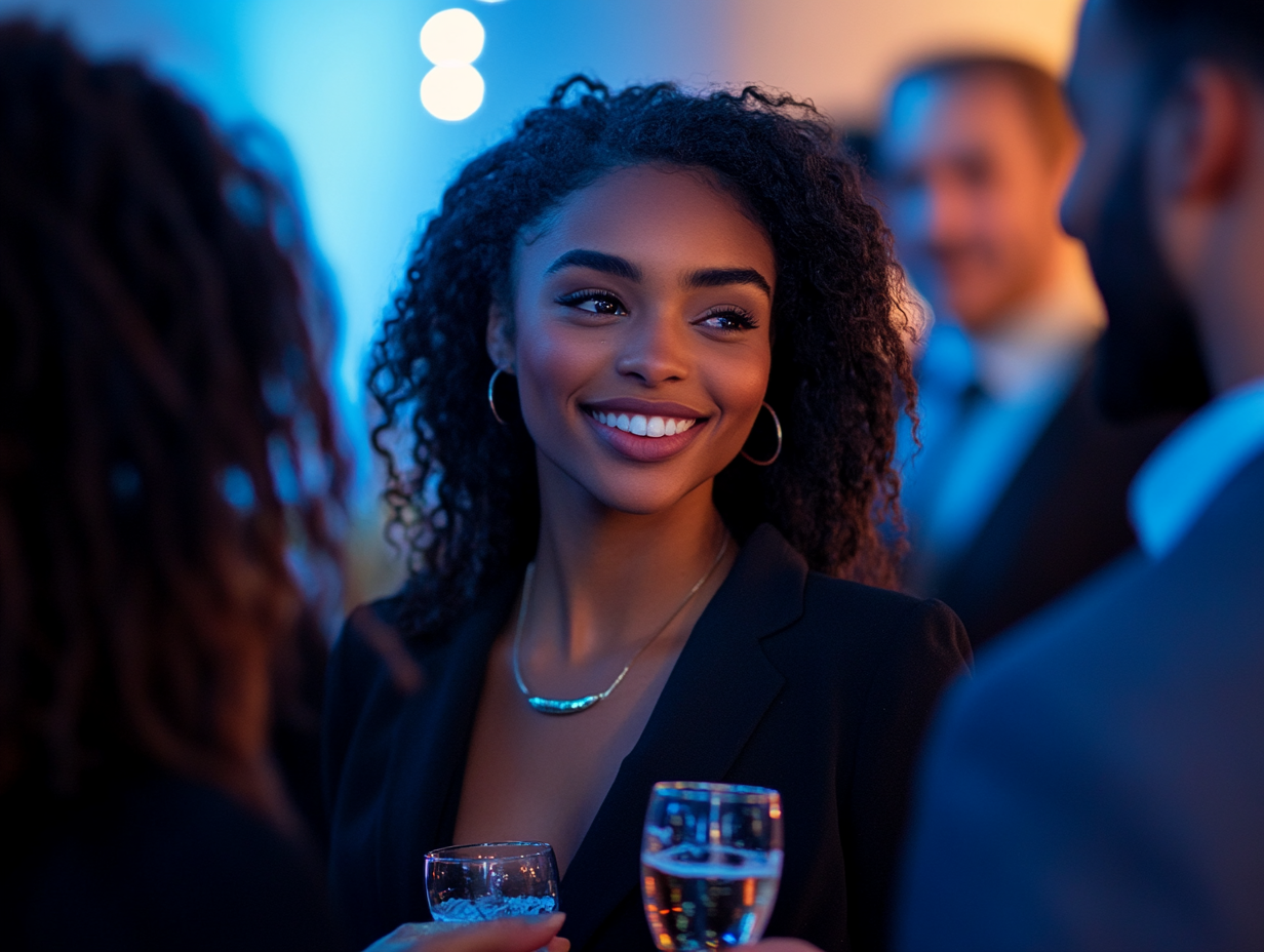 Smiling woman networking at corporate event – Lyric Change for business celebrations and client gifts