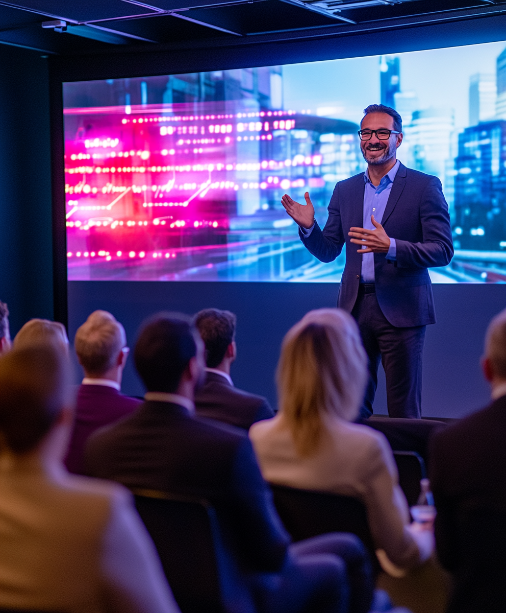 Business professional giving a corporate presentation – customize event songs with AI Music Service Lyric Change